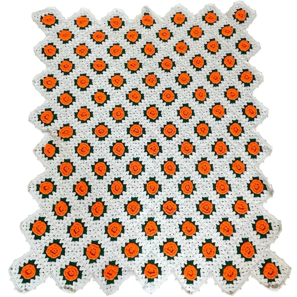 Vintage Crochet 3D Floral Knit Granny Square Blanket Orange‎ White Fall Decor